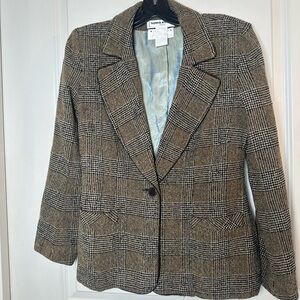 Sonia Rykiel Paris Plaid Wool Blend Houndstooth Tailored One Button Blazer, 40